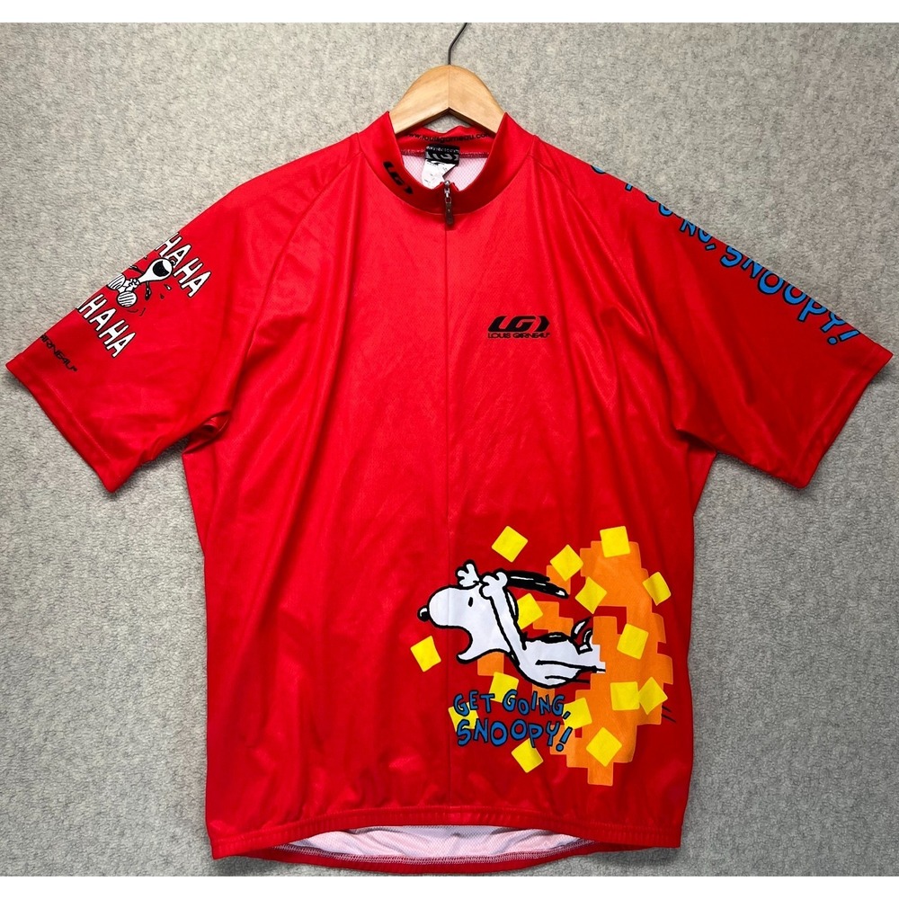 Louis Garneau Men Snoopy Cycling Full Zip Jersey Red Peanuts Bike Short Sleeve L